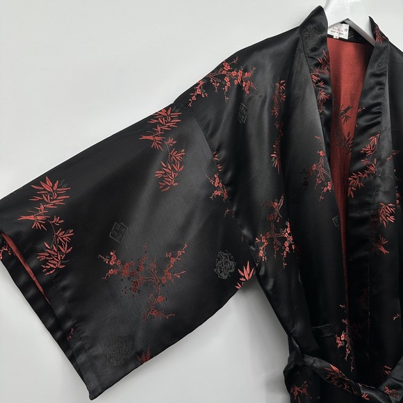 Eastern Oriental Kimono Small Jacquard Satin Belted Asian Cherry Bloosom Pockets - Picture 8 of 13